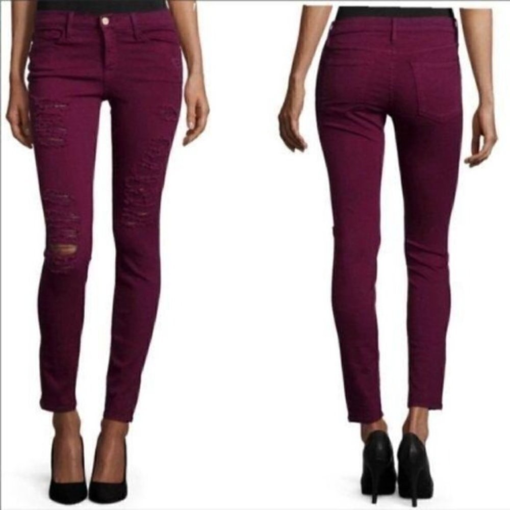 FRAME Midrise Distress Burgundy Funky Skinny Jeans